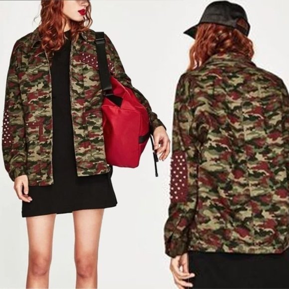 ZARA Studded Distressed Camouflage Military Jacket Sz XS - Picture 2 of 11